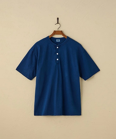 Lot.35004 Fallen Cotton Mid Weight S/S Henley Neck Tee Indigo Dye