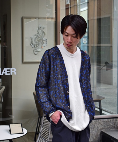 V Neck Cardigan-Poly Mesh/Floral Printed(L(MEN) Black/ブラック