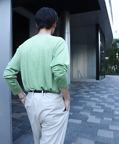 AURALEE SOFT SMOOTH WOOL STRIPE JERSEY L/S TEE