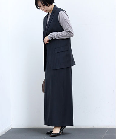 【Scye/サイ】Striped Wool Sleeveless Jacket/Maxi Skirt