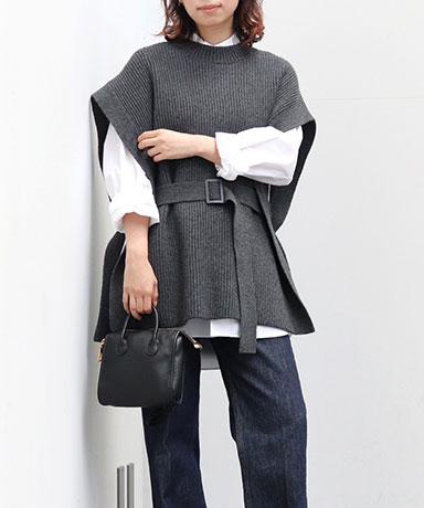 Fine Wool Rib Knit Crew Neck Belted Vest(0(WOMEN) Black