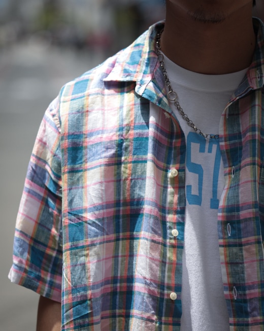 INDIVIDUALIZED SHIRTS 別注 Regular Collar S/S Shirt(Linen) [Pink×Blue]