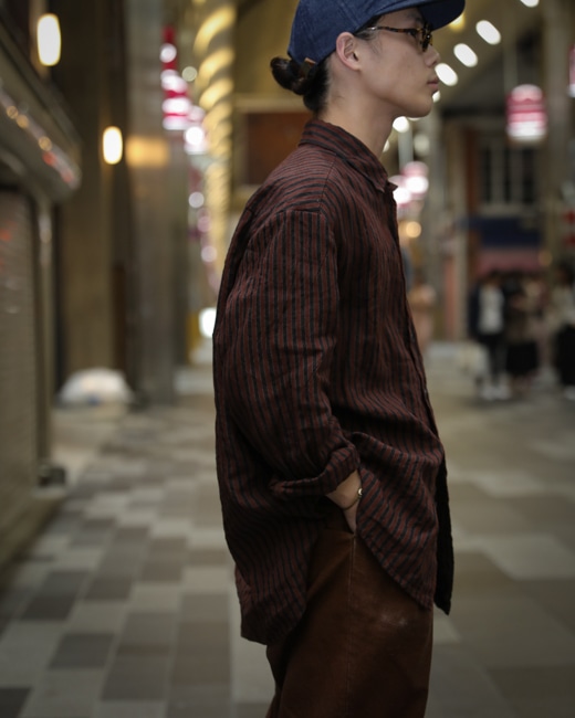 EVAN KINORI Big Shirt Two [Navy/Red(Yarn Dyed Linen)]