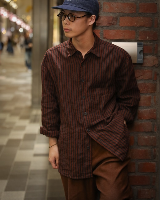 EVAN KINORI Big Shirt Two [Navy/Red(Yarn Dyed Linen)]