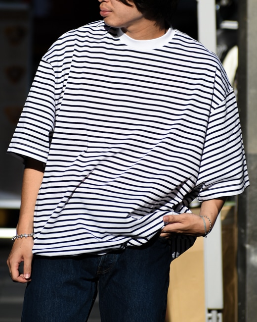 IS-NESS BALLOON STRIPES T-SHIRT [Khaki×Beige/White×Navy]