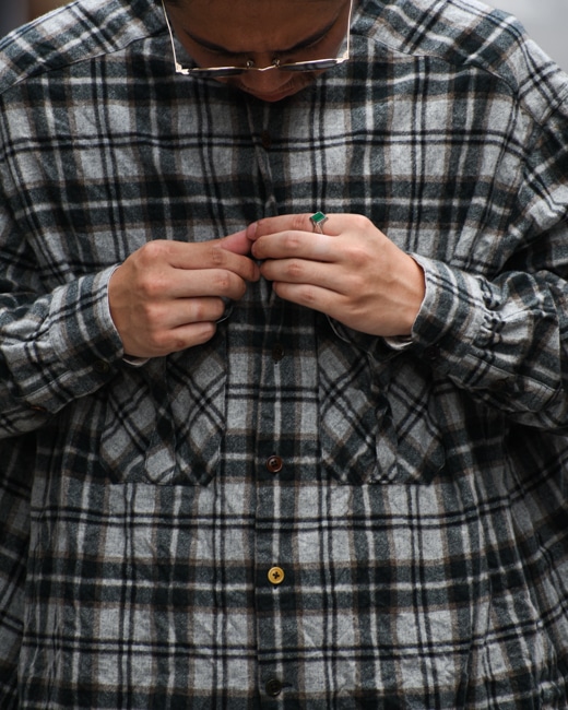 The crooked Tailor French stand collar work shirts [green/gray]