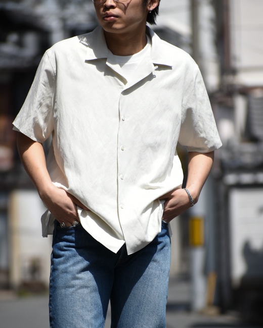 A.PRESSE Silk Linen Open Collar S/S Shirt [ECRU/BLACK]