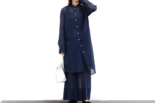 CINOH/チノ】Cotton Organdie No Collar Long Shirt/Wide Pants