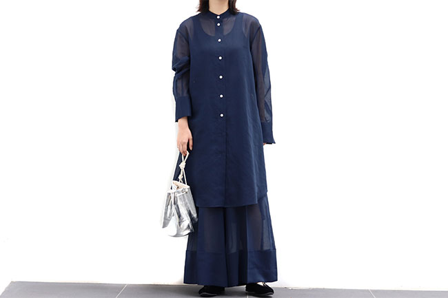 CINOH/チノ】Cotton Organdie No Collar Long Shirt/Wide Pants