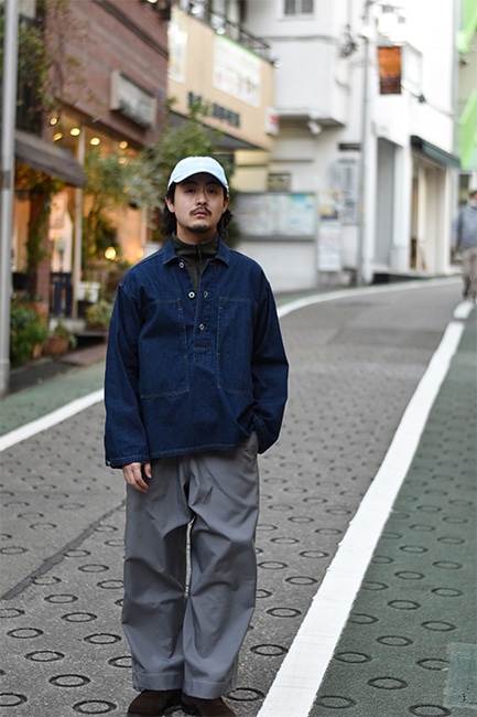 POST O'ALLS/ポストオーバーオールズ】Army Shirt : Blue Denim w/OD-Yellow Stitch